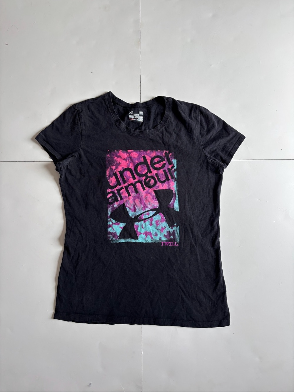 Under Armour Black Short Sleeve Tee with Pink & Teal Graphic Panel